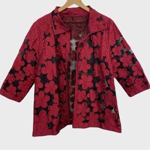 Marisa Baratelli Red Floral Appliqué Black Mesh Open Front Jacket Size 12